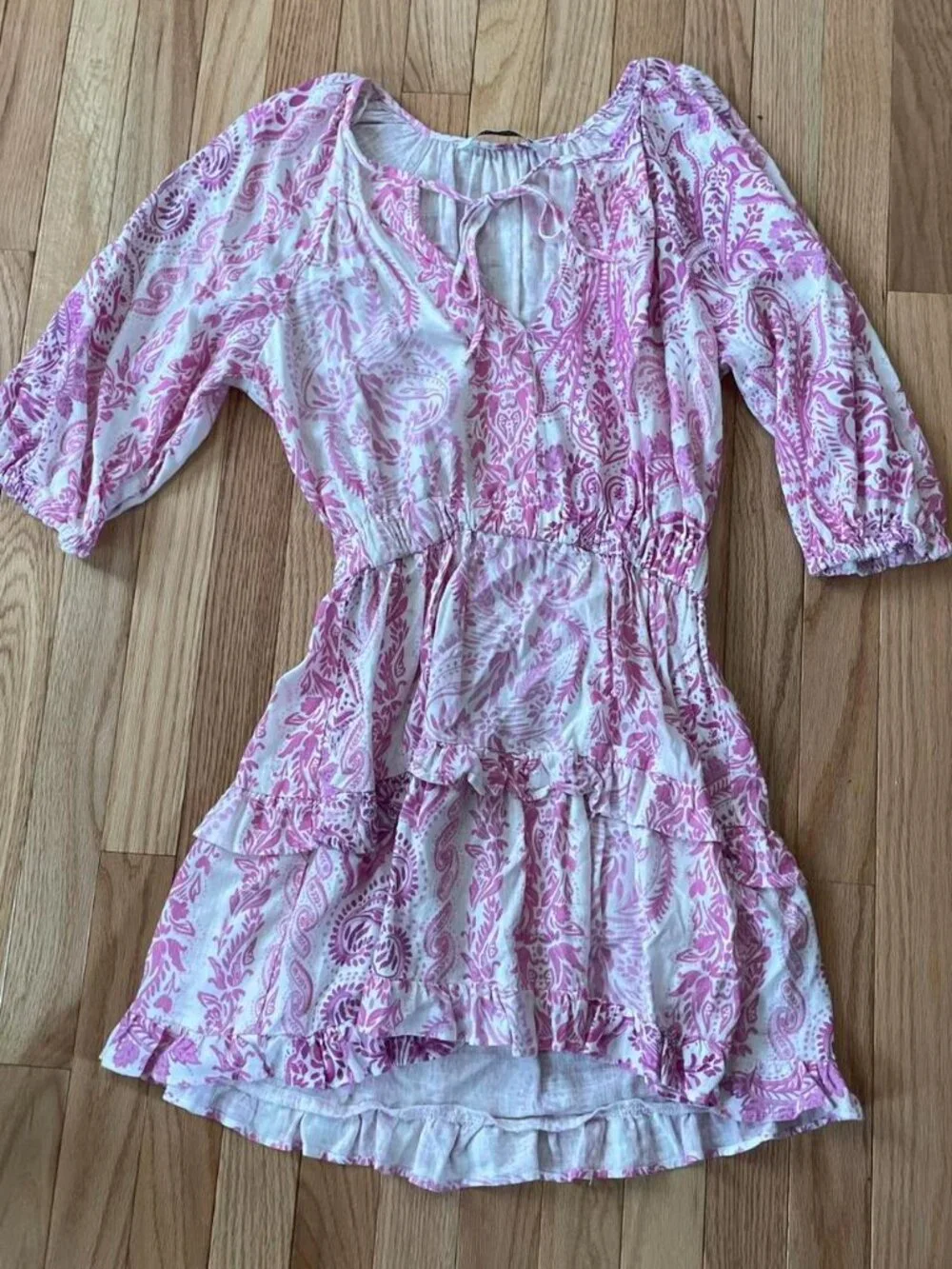 Zara Pink Paisley Boho Puff Sleeve Mini Dress Medium Cottagecore Peasant Linen - Picture 3 of 8